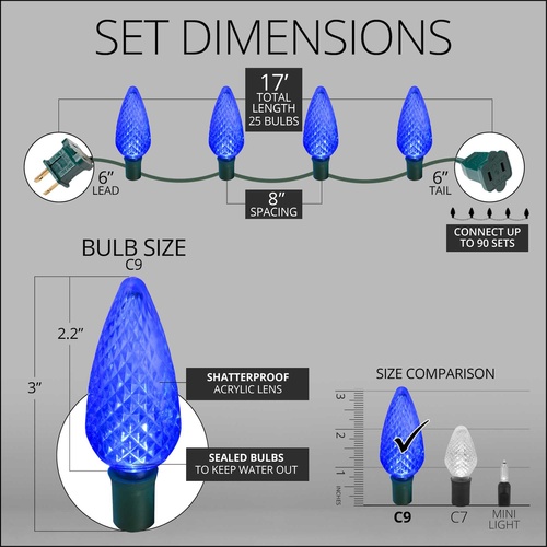 25 C9 Blue LED Christmas Lights, 8" Spacing