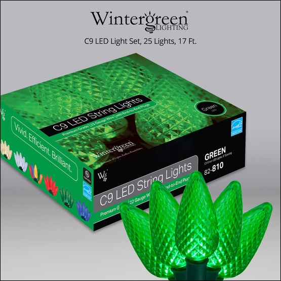 25 C9 Green LED Christmas Lights, 8" Spacing