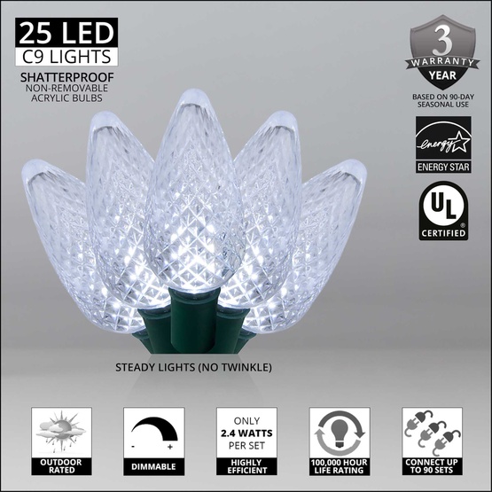 25 C9 Cool White LED Christmas Lights, 8" Spacing