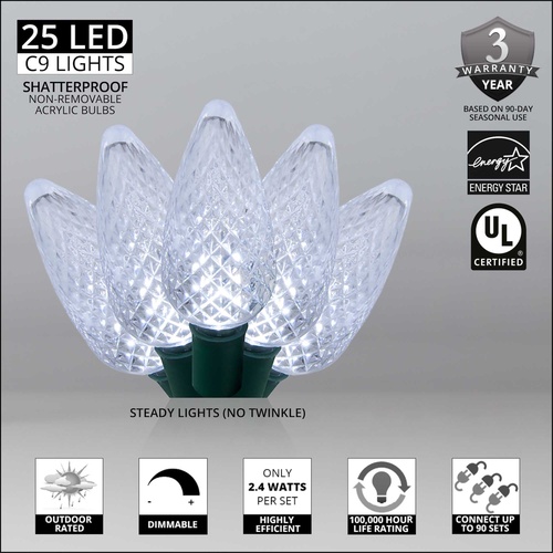 25 C9 Cool White LED Christmas Lights, 8" Spacing