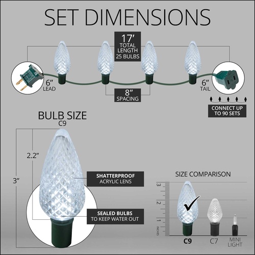 25 C9 Cool White LED Christmas Lights, 8" Spacing