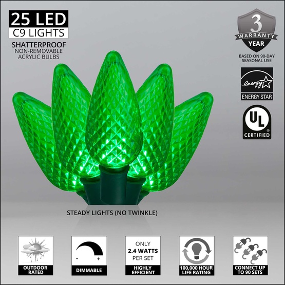 25 C9 Green LED Christmas Lights, 8" Spacing