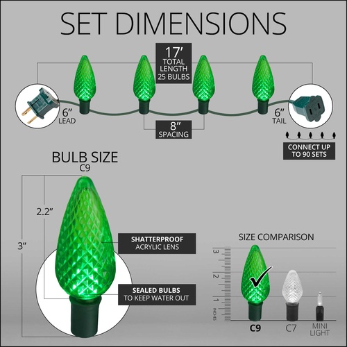 25 C9 Green LED Christmas Lights, 8" Spacing
