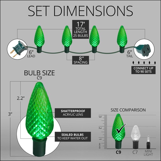 25 C9 Green LED Christmas Lights, 8" Spacing