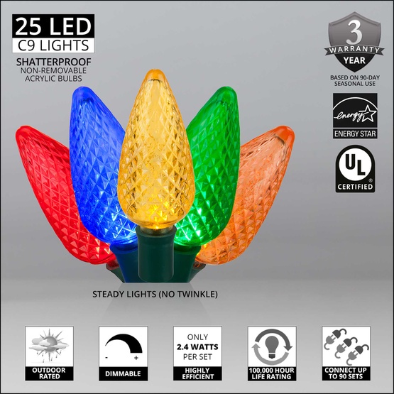 25 C9 Multi Color LED Christmas Lights, 8" Spacing