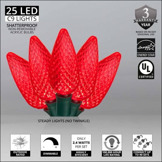 25 C9 Red LED Christmas Lights, 8" Spacing