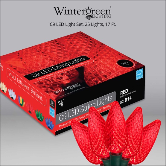25 C9 Red LED Christmas Lights, 8" Spacing