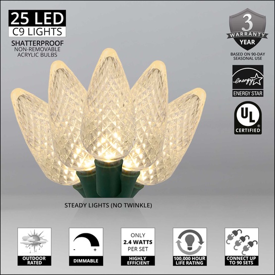 25 C9 Warm White LED Christmas Lights, 8" Spacing