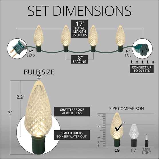 25 C9 Warm White LED Christmas Lights, 8" Spacing