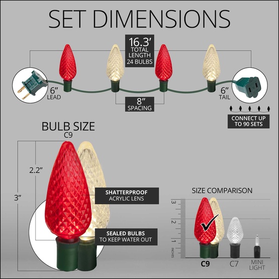 24 C9 Red, Warm White LED Christmas Lights, 8" Spacing