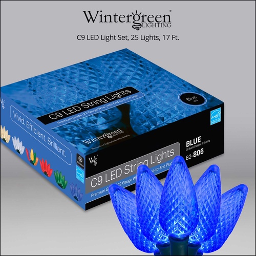 25 C9 Blue LED Christmas Lights, 8" Spacing