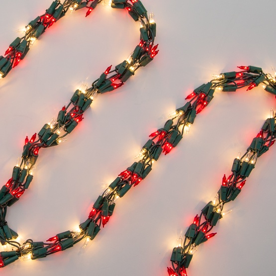 9' Garland Lights, 300 Red/Clear Lights, Green Wire