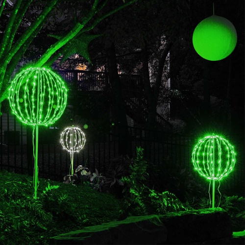 8" Green LED Christmas Light Ball, Fold Flat White Frame
