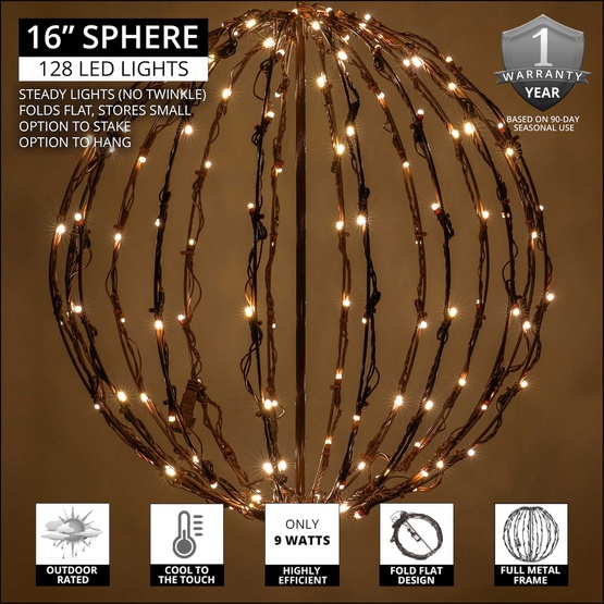 Warm White LED Christmas Light Ball, Fold Flat Brown Frame