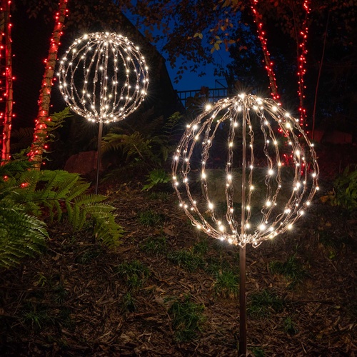8" Warm White LED Christmas Light Ball, Fold Flat Brown Frame