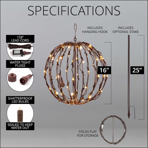 Warm White LED Christmas Light Ball, Fold Flat Brown Frame