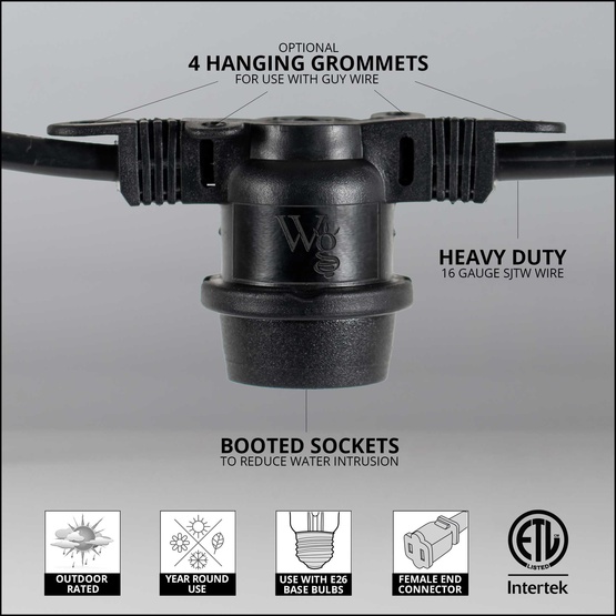 100' E26 Commercial Patio Light Stringer, SJTW Black Wire, 24" Spacing