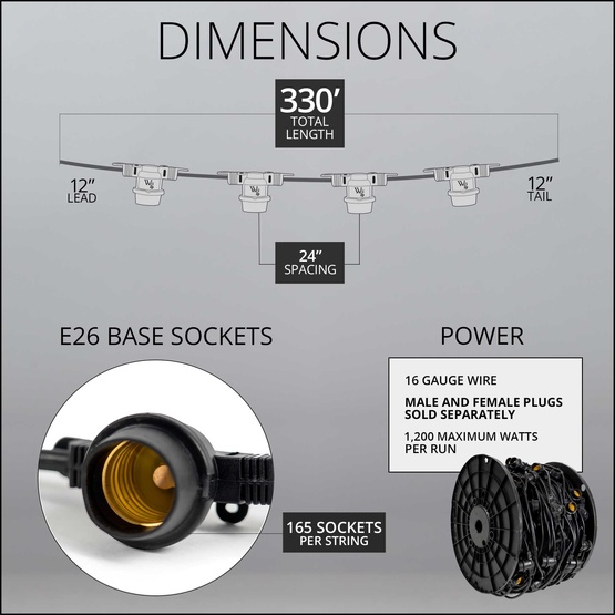 330' E26 Commercial Patio Light Stringer, SJTW Black Wire, 24" Spacing