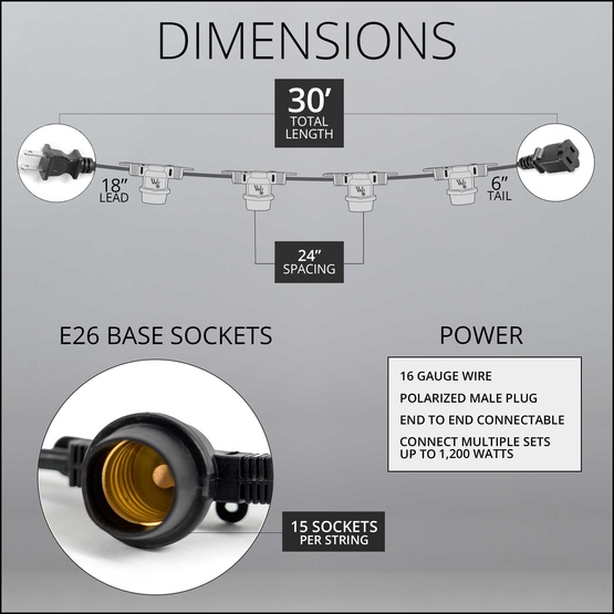 30' E26 Commercial Patio Light Stringer, SJTW Black Wire, 24" Spacing