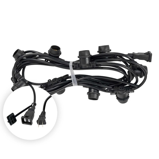 15' E26 Commercial Patio Light Stringer, SJTW Black Wire, 18" Spacing