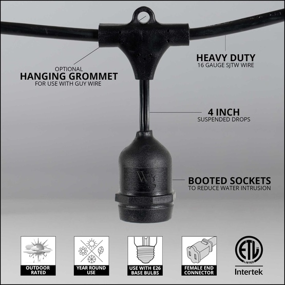 100' E26 Commercial Patio Light Stringer, SJTW Black Wire, 24" Spacing