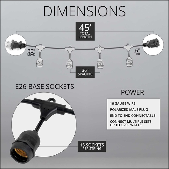 45' E26 Commercial Patio Light Stringer, SJTW Black Wire, 36" Spacing