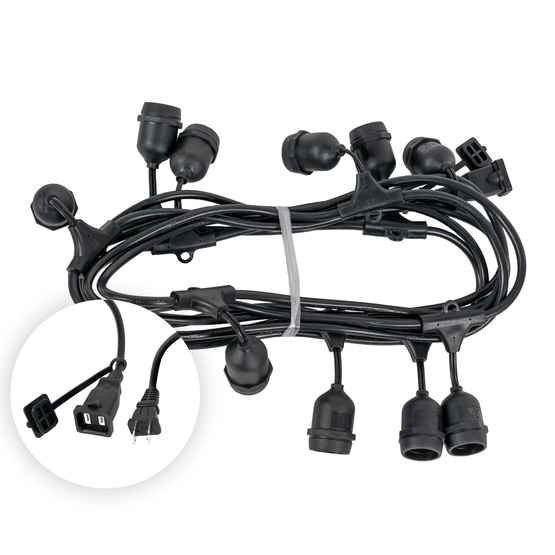 15' E26 Commercial Patio Light Stringer, SJTW Black Wire, 18" Spacing