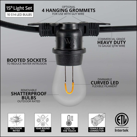 15' S14 Warm White FlexFilament TM LED Shatterproof Patio Lights, Commercial Black Wire