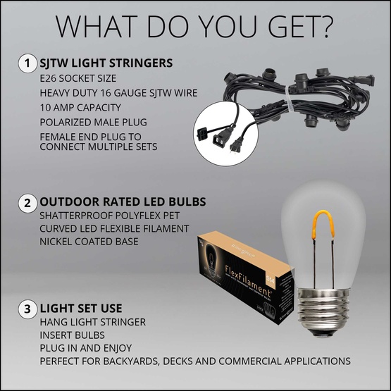 15' S14 Warm White FlexFilament TM LED Shatterproof Patio Lights, Commercial Black Wire