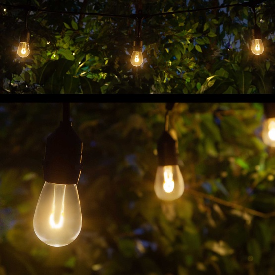 15' S14 Warm White Suspended FlexFilament TM LED Shatterproof Patio Lights, Commercial Black Wire