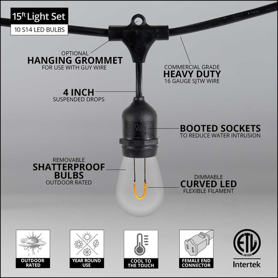 15' S14 Warm White Suspended FlexFilament TM LED Shatterproof Patio Lights, Commercial Black Wire