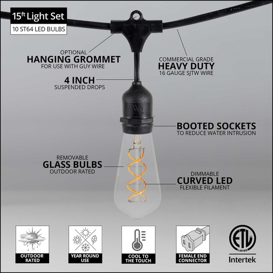 15' ST64 Suspended FlexFilament TM LED 5W Edison Bulb Patio Lights, Commercial Black Wire