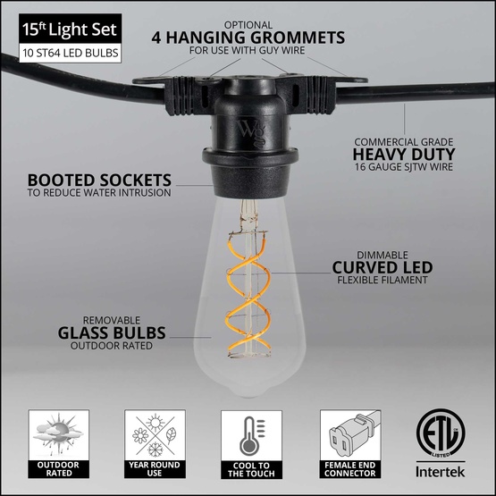 15' ST64 FlexFilament TM LED 5W Edison Bulb Patio Lights, Commercial Black Wire