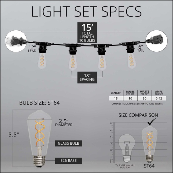 15' ST64 FlexFilament TM LED 5W Edison Bulb Patio Lights, Commercial Black Wire