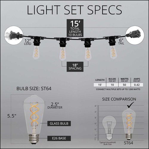 15' ST64 FlexFilament TM LED 5W Edison Bulb Patio Lights, Commercial Black Wire