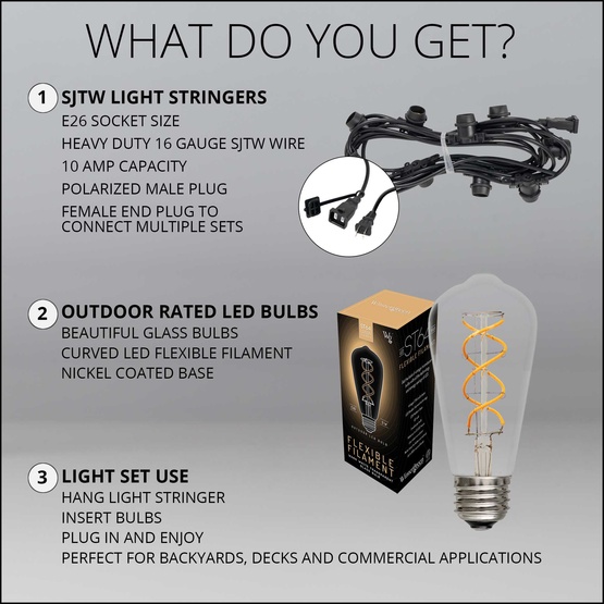 15' ST64 FlexFilament TM LED 5W Edison Bulb Patio Lights, Commercial Black Wire