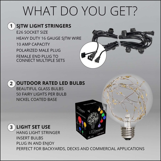 15' G95 Warm White LEDimagine TM Globe String Lights, Commercial Black Wire