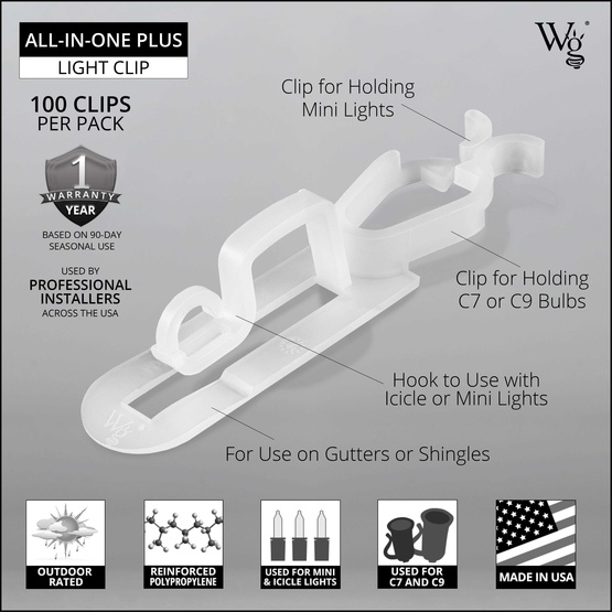 Wintergreen Lighting All-in-One Plus Christmas Light Clip, 100 Pack