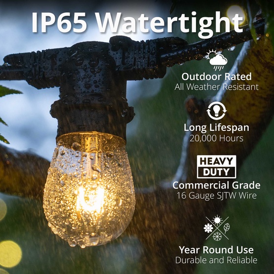 15' S14 Warm White FlexFilament TM LED Shatterproof Patio Lights, Commercial Black Wire