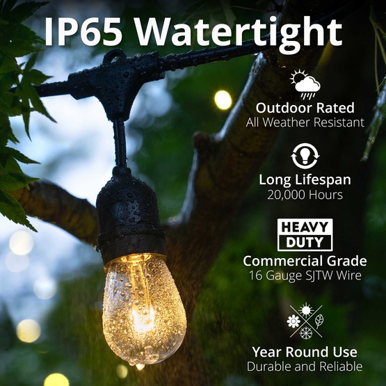 15' S14 Warm White Suspended FlexFilament TM LED Shatterproof Patio Lights, Commercial Black Wire