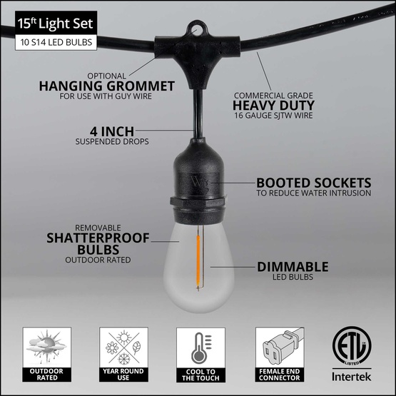15' S14 Warm White Suspended LED Filament Shatterproof Patio String Lights, 10 Bulbs, Commercial Black Wire