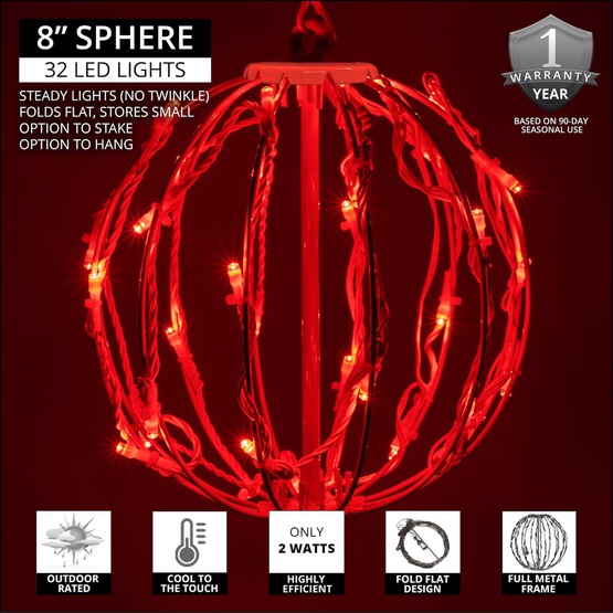 8" Red LED Christmas Light Ball, Fold Flat White Frame