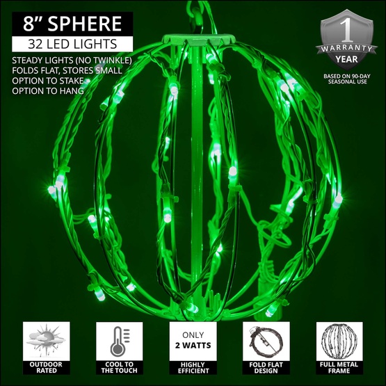 8" Green LED Christmas Light Ball, Fold Flat White Frame