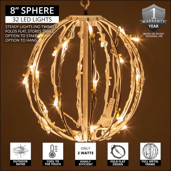 8" Warm White LED Christmas Light Ball, Fold Flat White Frame