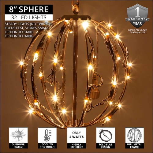 Warm White LED Christmas Light Ball, Fold Flat Brown Frame