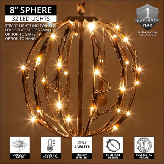 8" Warm White LED Christmas Light Ball, Fold Flat Brown Frame