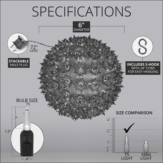 6" Warm White T5 LED Twinkle Starlight Sphere, 50 Lights