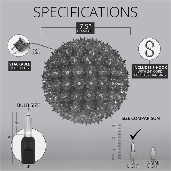 7.5" Cool White T5 LED Starlight Sphere, 100 Lights