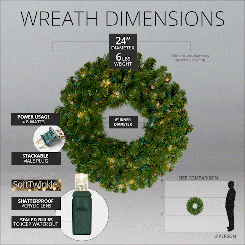 24" Pre-lit Commercial Sequoia Fir LED Christmas Wreath, 50 Warm White SoftTwinkle Lights
