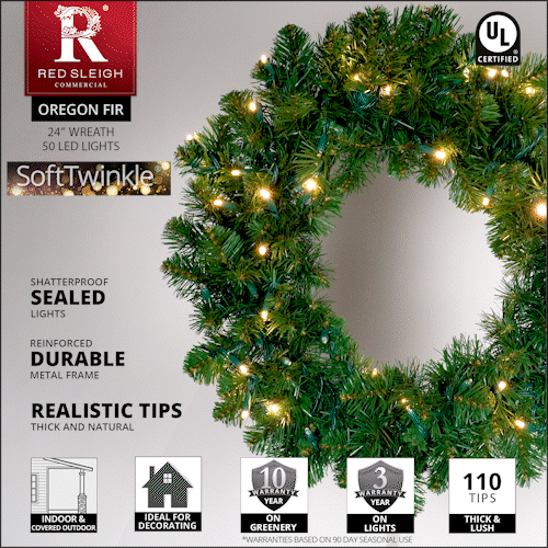 24" Pre-lit Commercial Oregon Fir LED Holiday Wreath, 50 Warm White SoftTwinkle Lights